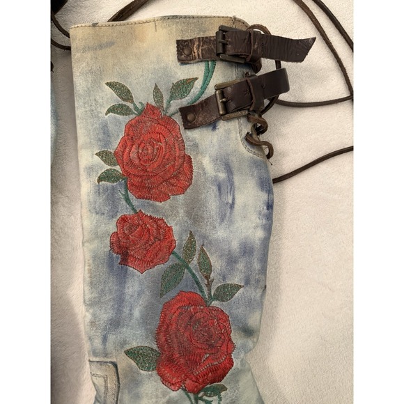 Freebird Cyrus Womens Boots 8 Leather Denim Roses Embroidery Distressed Laces - Picture 5 of 9